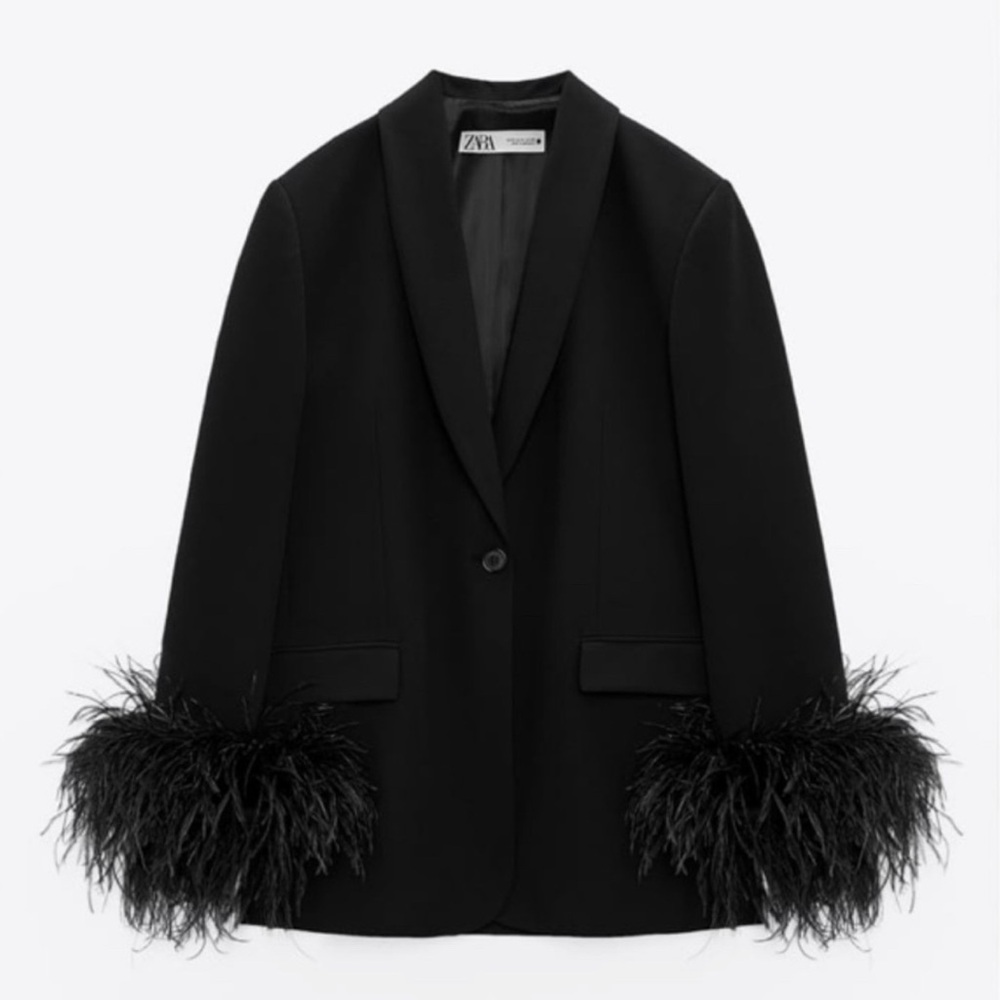 Zara Black Feather Trim Pocket Blazer Size M 2104/707 🪶✨